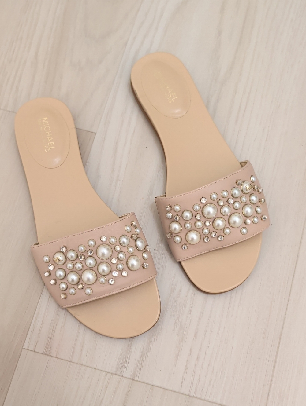 MICHAEL Michael Kors Blush Pearl-Embellished Slide Sandals